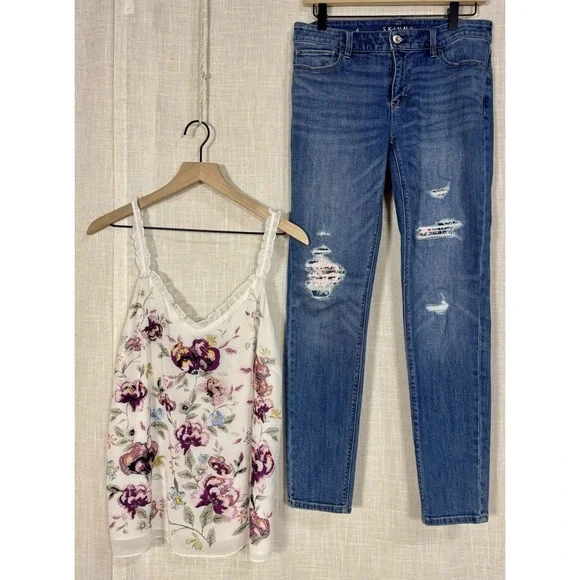 White House Black Market Outfit Jeans 6 Floral Embroidered Tank Top M Shirt - Picture 2 of 12